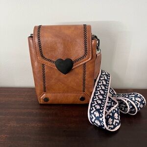 NWOT Tan Crossbody Bag with Black Heart Accent